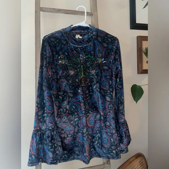 We the Free velvet paisley print long bell sleeve top - Picture 3 of 7